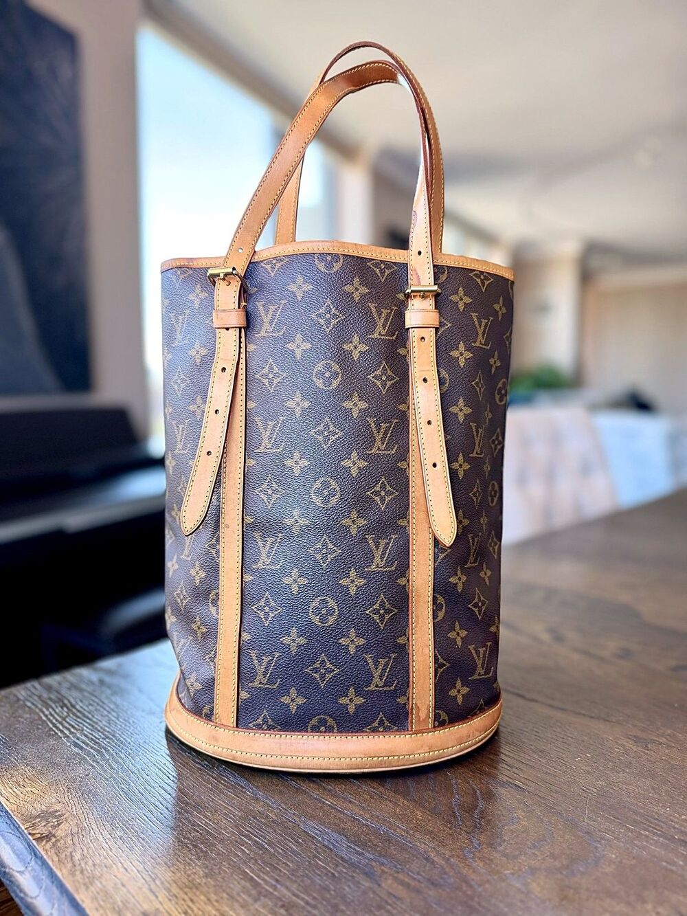 Authentic Louis Vuitton LV Monogram Canvas Bucket Shoulder Bag Brown Adjustable